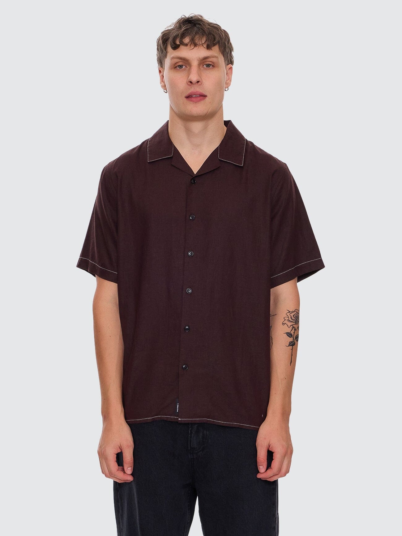 Hemp Minimal Thrills Contrast Stitch Bowling Shirt - Java