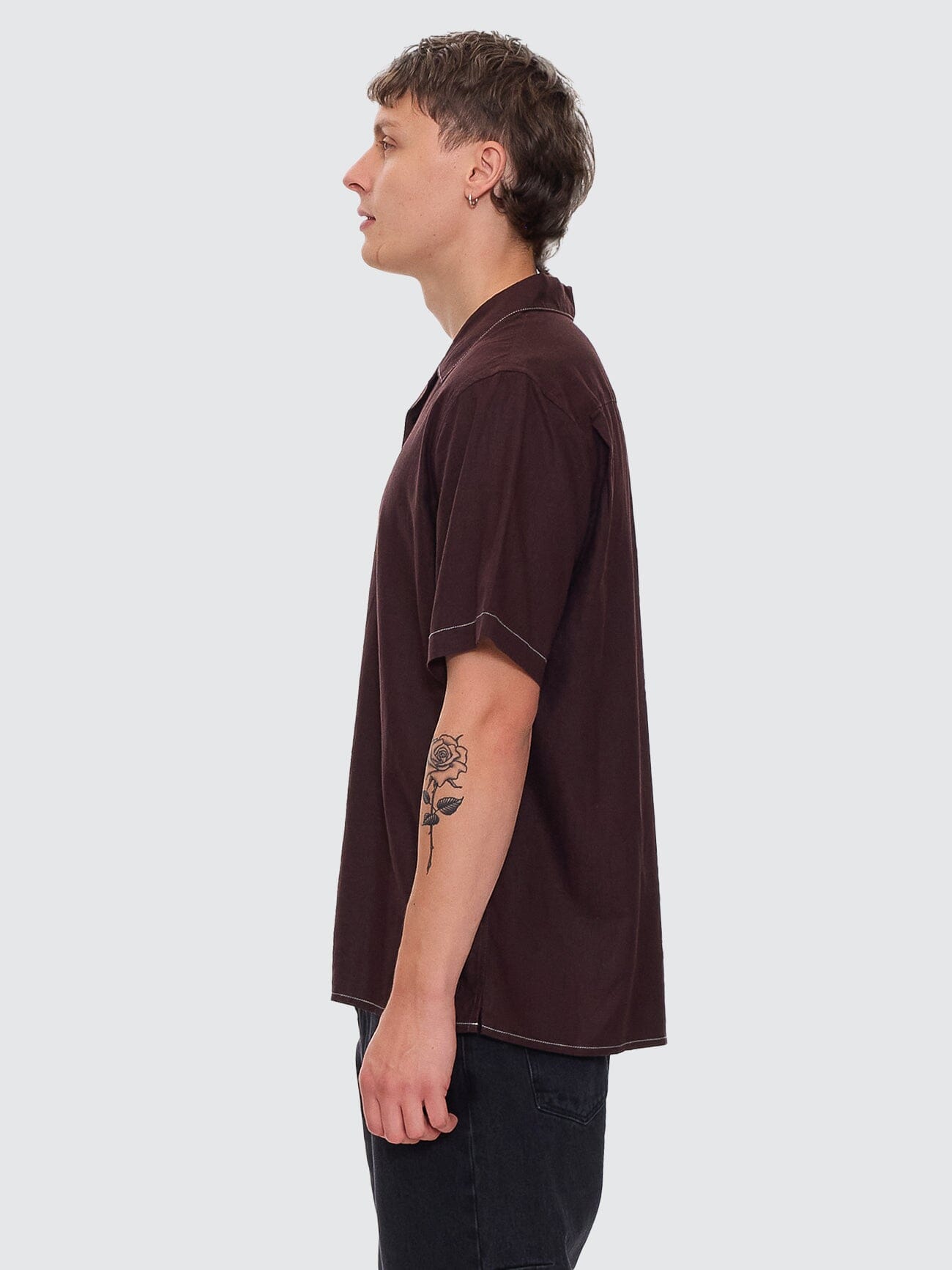Hemp Minimal Thrills Contrast Stitch Bowling Shirt - Java