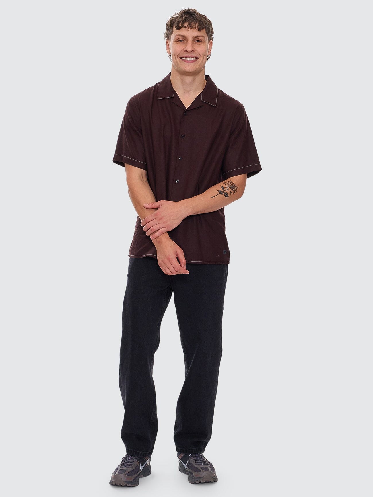 Hemp Minimal Thrills Contrast Stitch Bowling Shirt - Java