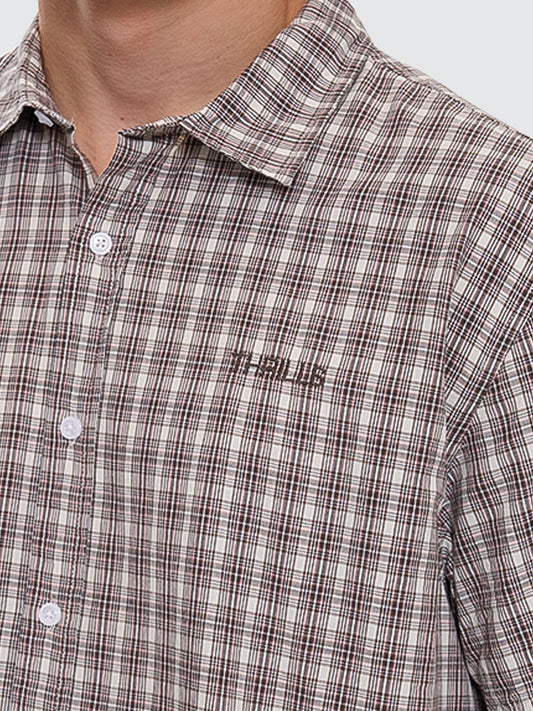 Adorned Check Cropped Short Sleeve Shirt - Java